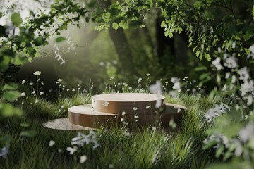 Obraz premium Serene Wooden Platform Amidst Lush Greenery and Wildflowers.