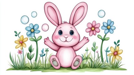 Obraz premium Cute Pink Bunny Surrounded by Colorful Flowers and Bubbles