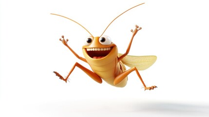 Cartoon grasshopper jumping, happy expression, white background