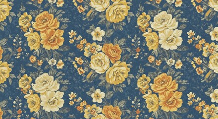 Elegant yellow roses bloom softly on a dark blue background creating a vintage floral pattern. AI Generated