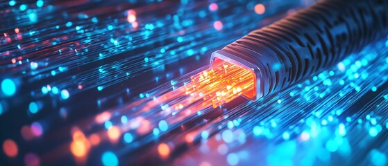 High-Quality Close-Up Computer Cable Over Optic Fibers in Technology Concept for Communication and Data Transfer
