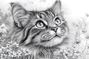 charming fluffy cat, made in black and white graphics, surrounded by flowers.  