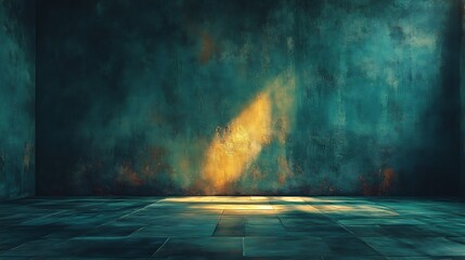Fototapeta premium Golden light dramatically illuminates a dark teal room. AI Generated