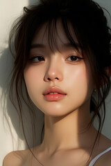 Fototapeta premium Asian Female in Studio Setting - Young Woman on White Background with Soft Shadows - Styled Messy Long Hair - Portrait of Eastern Beauty for Fashion or Cosmetic Model - Sunlight Casted Warm Setting