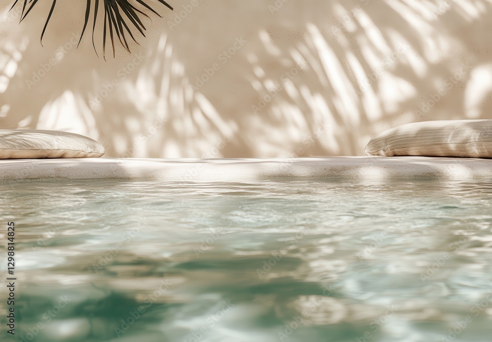 Poster tranquil poolside scene with soft cushions and gentle shadow patterns from palm leaves in a luxuriou