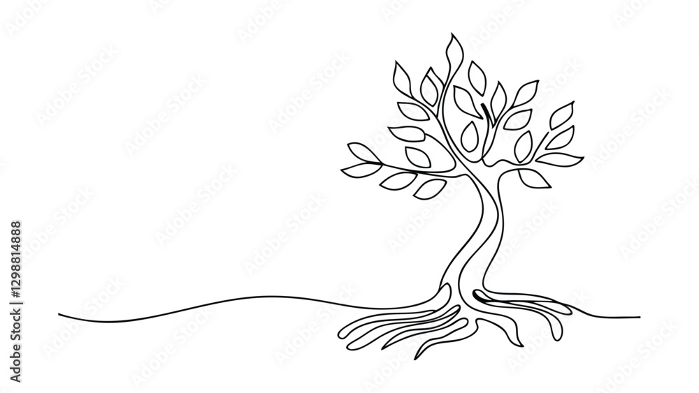 Poster a minimalist line art drawing depicts a tree. its roots are visible, extending into the ground. leav
