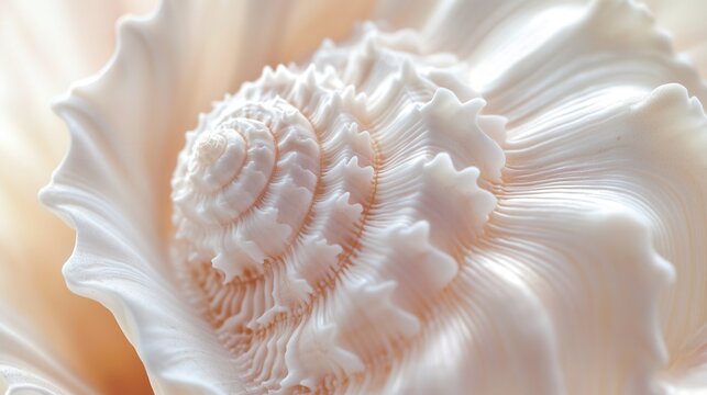 a macro view of a seashell with intricate ridges and swirls, in soft hues of cream and pink.