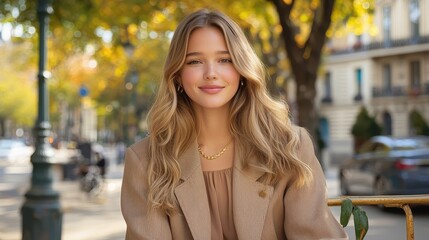 Fototapeta premium Young Woman with Stylish Hair and Elegant Outfit Posing Outdoors in Autumn