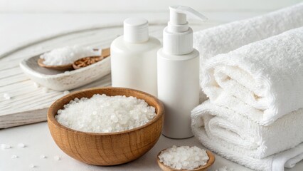 A serene spa setting featuring white towels, skincare products, and natural bath salts in a wooden bowl, perfect for relaxation.