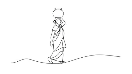 Singleline drawing of a woman in a traditional Indian sari, balancing a water pot on her head. She walks across a gently sloping landscape. Simple, elegant, and evocative of rural life.