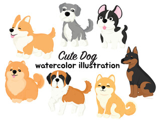 Watercolor illustration of cute dog breeds in a charming and artistic hand-painted style