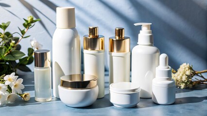 A collection of elegant skincare products displayed harmoniously, featuring various containers in white and gold against a soft blue background.
