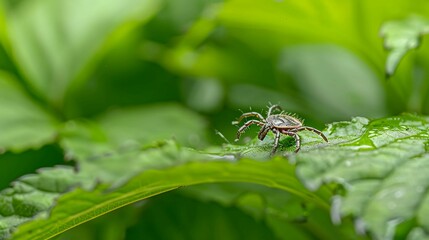 Naklejka premium Close-up of a tick on a leaf in a green forest, representing the risk of tick-borne diseases and outdoor health hazards in nature.