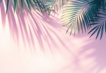 Tropical Green Palm Leaves Cast Shadows on Soft Pink Wall Creating a Serene and Bright Atmosphere for Minimalist Interior Design Aesthetic