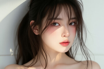 Asian Female in Studio Setting - Young Woman on White Background with Soft Shadows - Styled Messy Long Hair - Portrait of Eastern Beauty for Fashion or Cosmetic Model - Sunlight Casted Warm Setting