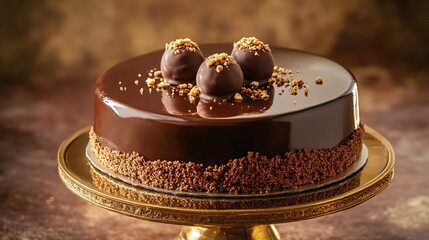 Decadent chocolate cake, glossy ganache topping, chocolate truffles, gold cake stand, rich brown tones, moody lighting, fine pastry.