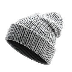 Beanie. Knitted wool winter hat in gray with textured pattern, isolated on transparent background, perfect for cold weather fashion