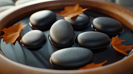 Smooth black stones and autumn leaves floating in wooden bowl spa setting