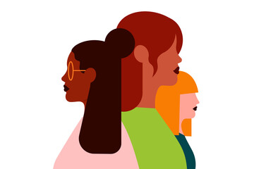 Minimal illustration of three diverse women in profile, symbolizing empowerment, unity, and feminism. Modern flat art style with bold colors, perfect for Women's Day, equality, and diversity themes
