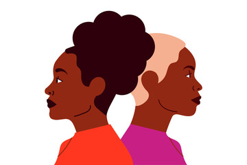 Colorful illustration of two black women in profile, back-to-back with shared hairstyles in dark brown and beige. Wearing vibrant orange and purple tops. Modern flat design perfect for diversity