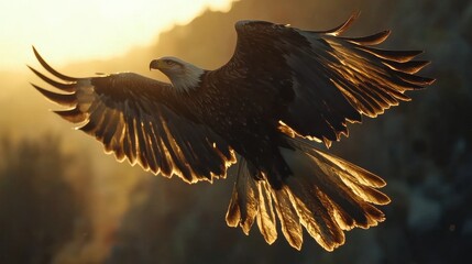 Obraz premium Eagle in dramatic flight with glowing sunset