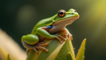 Naklejka premium Vibrant Green Tree Frog with Striking Orange Eyes Perched on a Leaf