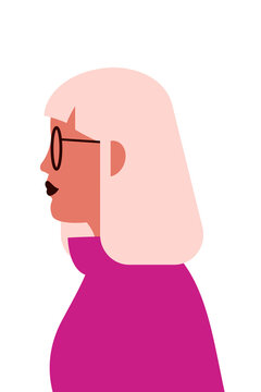 Side profile illustration of a white woman with blonde hair wearing glasses and purple top. Modern flat design, clean lines, simple shapes, vibrant colors, perfect for diversity and inclusion projects