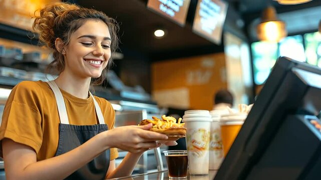 A smiling fast food employee, clad in a cheerful uniform, hands a brown paper bag of food to a waiting customer at the counter
