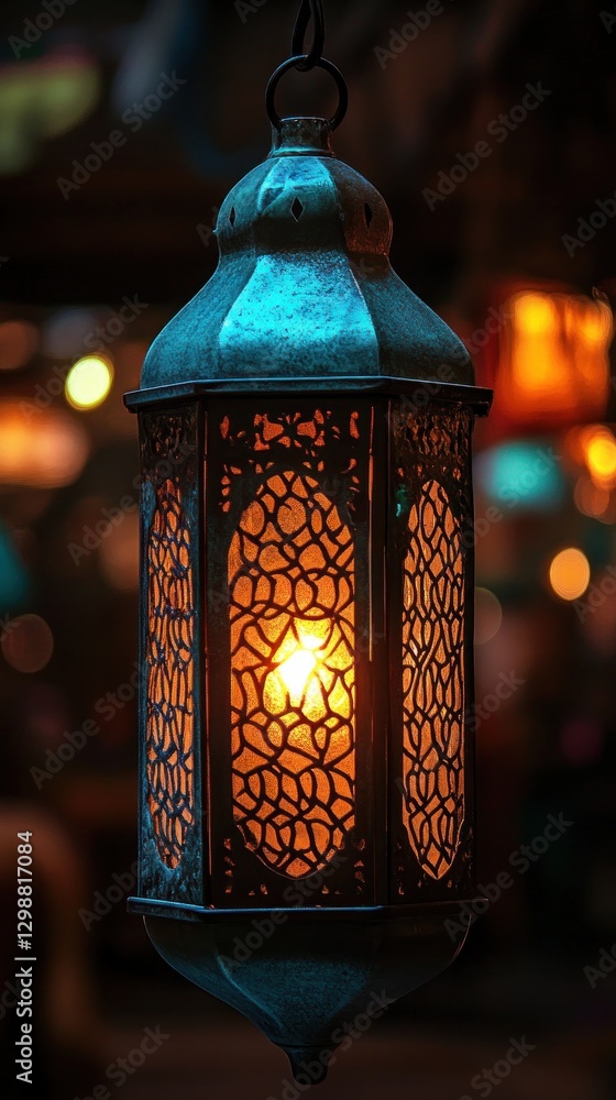 Poster a decorative lantern with intricate patterns, casting a warm glow in a dimly lit space.