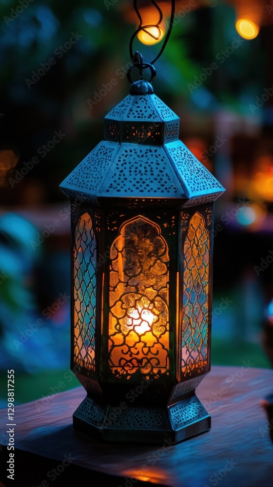 Poster a decorative lantern with intricate patterns, casting a warm glow in a cozy setting.