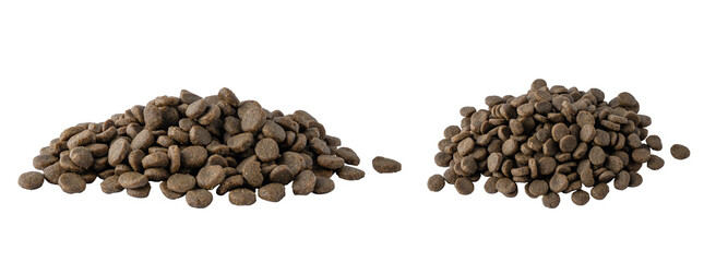 Pile dry dog food isolated on transparent background. Mineral meat healthy dog or cat food for design. Pet dried granular food.