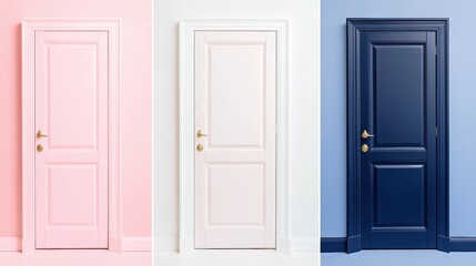 Three doors in pastel pink, soft white, and deep blue against colorful walls