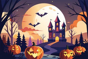 Halloween background with pumpkins and haunted house Vector illustration