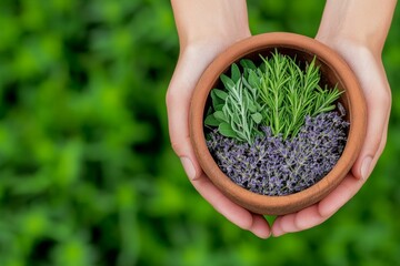 A herbalist preparing natural remedies using fresh plants and essential oils