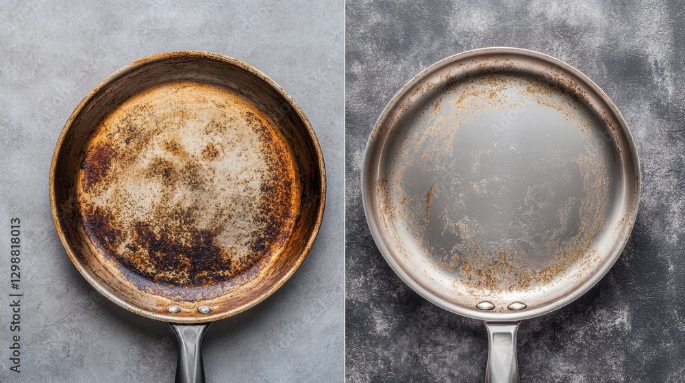 Poster Comparison of a worn frying pan and a clean frying pan demonstrating contrasting conditions and maintenance effort. Generative AI