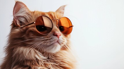 brown angora cat wearing round sunglasses, set against a vibrant, white backdrop; showcasing intricate details of its plumage and a focused, almost inquisitive expression	
