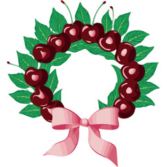 A wreath formed of alternating deep cherry red cherries and green leaves, tied together with a bow in soft pink