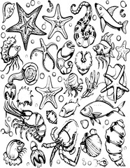 Obraz premium pattern, vector, seamless, cartoon, animal, design, illustration, doodle, wallpaper, flower, art, set, drawing, sketch, decoration, floral, fish, cat, cute, icon, element, leaf, ornament, texture, bir