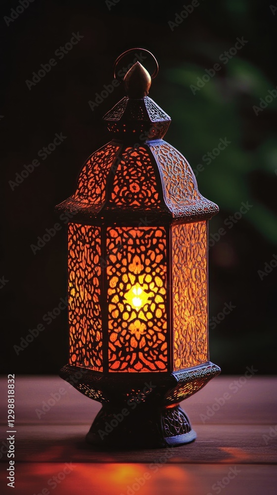 Poster a beautifully designed lantern with intricate patterns, glowing warmly in a dark setting.