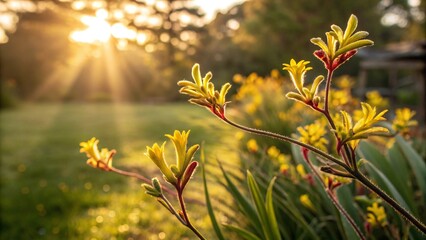 Vibrant yellow kangaroo paw flowers basking in a sunny backyard, with warm golden sunlight glowing in the background and soft, blurred greenery creating a beautiful bokeh effect.