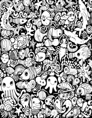 Obraz premium pattern, vector, seamless, cartoon, animal, design, illustration, doodle, wallpaper, flower, art, set, drawing, sketch, decoration, floral, fish, cat, cute, icon, element, leaf, ornament, texture, bir