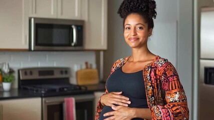 A pregnant woman stands in a modern kitchen, smiling while resting her hands on her belly.