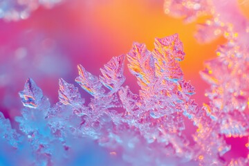 Naklejka premium Macro Ice Crystal: A detailed close-up shot of intricate ice crystals, showcasing delicate patterns and textures with a vibrant color gradient.