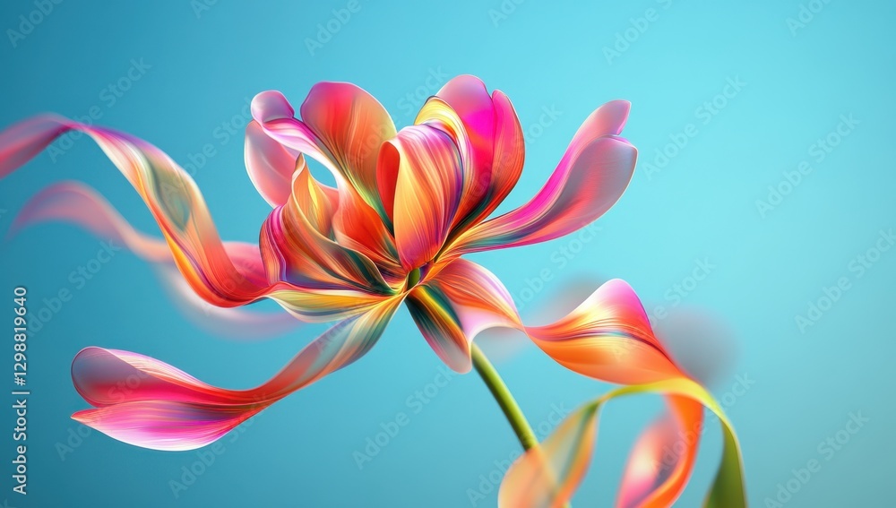 Poster vibrant abstract flower with dynamic colors and smooth flowing petals against a soft blue background