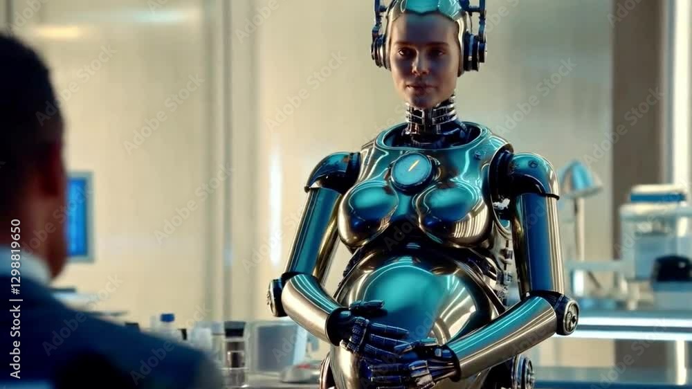 Poster A futuristic robot designed for surrogacy showcases synthetic bioengineering features.
