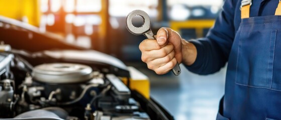 Mechanic Holding a Wrench Near an Engine Bay