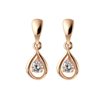 Elegant rose gold earrings featuring sparkling diamond accents in a teardrop design, Isolated on white background.