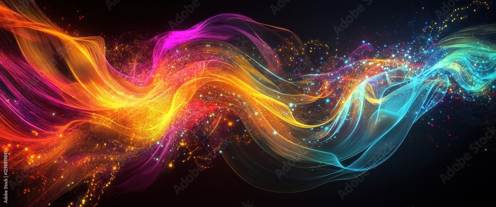Aufkleber vibrant abstract flowing waves with colorful light trails and sparkling particles on black backgroun