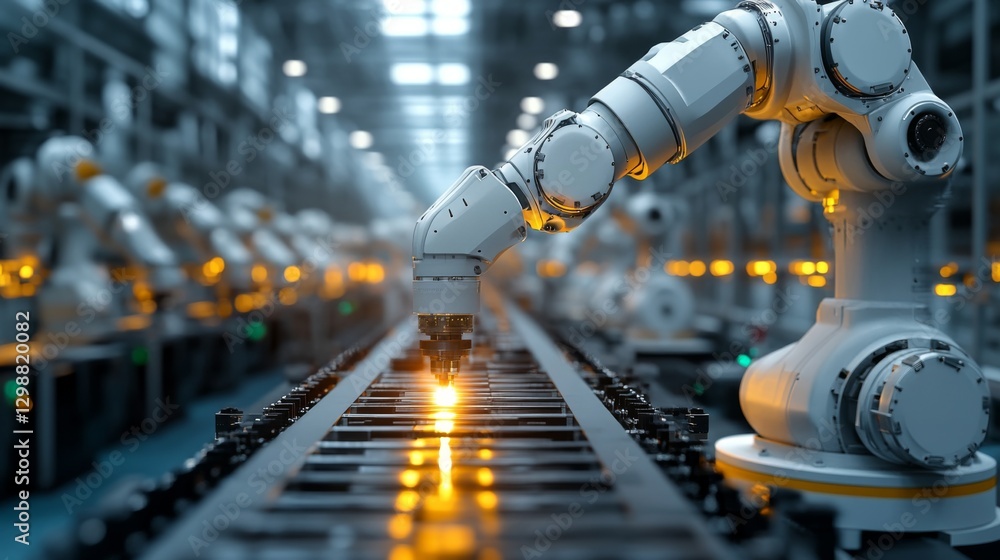Aufkleber Robotic arms work efficiently on a conveyor line, demonstrating advanced automation in an industrial manufacturing facility. Attention to precision and speed enhances productivity.