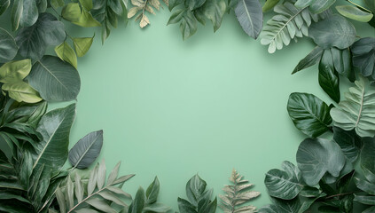 Fototapeta premium Green leaves border a light green background